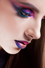 Amazing Bright eye makeup in luxurious blue shades. Beautiful young woman with bright makeup, look...
