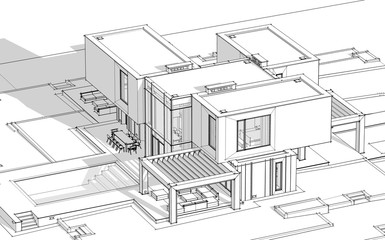 3d rendering sketch of modern cozy house by the river with garage for sale or rent. Black line sketch with soft light shadows on white background