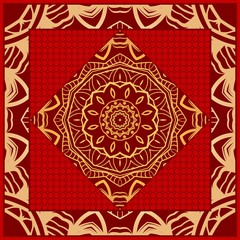 Design print for kerchief. The pattern of geometric floral ornament. Vector illustration. The idea for design prints for neck scarves, carpets, bandanas
