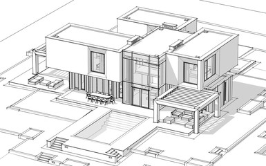 3d rendering sketch of modern cozy house by the river with garage for sale or rent. Black line sketch with soft light shadows on white background