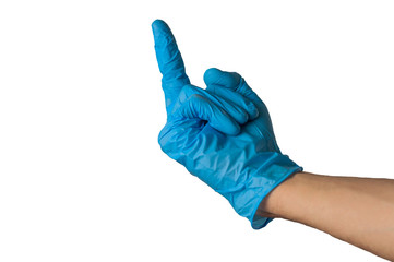 Human hand in blue rubber glove showing middle finger isolated on white background. Medical or cleaning concept