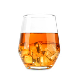 Glass of whisky with ice on white background