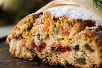 Traditional Christmas stollen with dried fruit and candied fruits