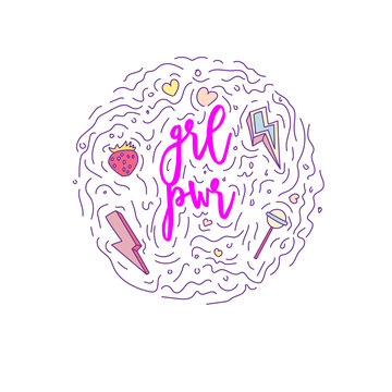 Doodle motivation text - qrl pwr in round form colored. Cute fun vector motivation quote with strawberry, lollipop, lightning, hearts and curved lines. Grl pwr among curved lines and cute set icons.