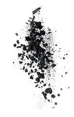 Activated charcoal powder splash or explosion flying in the air isolated on white background