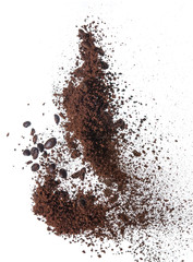 Coffee powder and coffee beans splash or explosion flying in the air