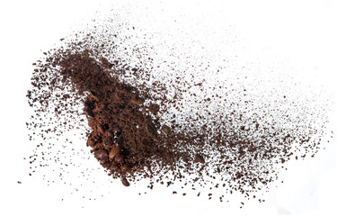 Coffee powder and coffee beans splash or explosion flying in the air