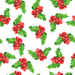 Seamless pattern with holly leaf berries and leaves on white background. Hand drawn watercolor illustration. 
