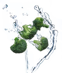 Broccoli with water splash or explosion flying in the air isolated on white background