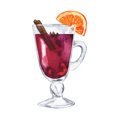 Mulled wine glass with orange and cinnamon isolated on white background. Hand drawn watercolor illustration.
