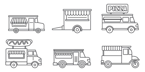 Festival food truck icon set. Outline set of festival food truck vector icons for web design isolated on white background © anatolir