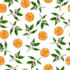 Seamless pattern with fresh orange slices and branches with green leaves and white flowers on white background. Hand drawn watercolor illustration.