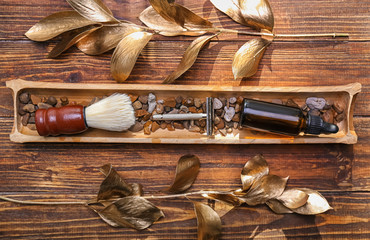 Composition with shaving accessories on wooden background, flat lay