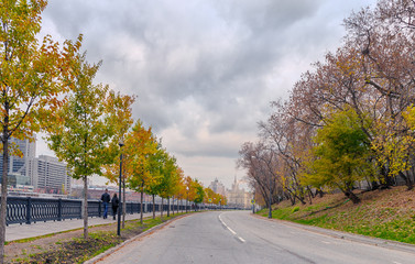 Moscow - October 21, 2018: People walk along the Taras Shevchenko embankment