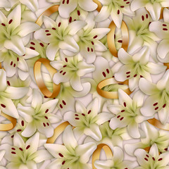 Wedding seamless background with lilies and rings.