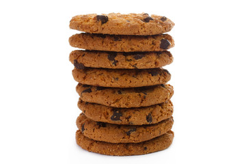 Pile of chip cookies isolated on white background.