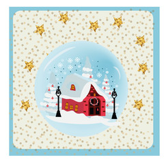 Christmas House Covered Snow Greeting Card Background Poster. Vector Illustration.