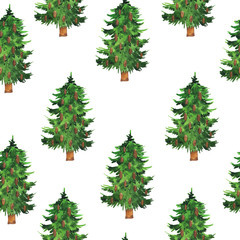 Seamless pattern with green pine trees with brown cones on white background. Hand drawn watercolor illustration.
