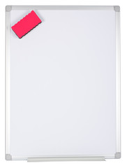Whiteboard with magnetized red eraser isolated on white background.