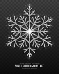 Vector Christmas Symbol Elegant Shining Silver Snowflake Isolated on Transparent Background. Merry Xmas and Happy New Year Illustration