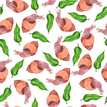 Seamless pattern with pink snails and fresh green leaves on white background. Hand drawn watercolor illustration.