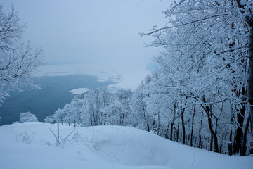 The view on the Volga river and Zhiguli hills near Zhigulevsk city in  winter.