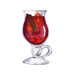 Mulled wine glass isolated on white background. Hand drawn watercolor illustration.