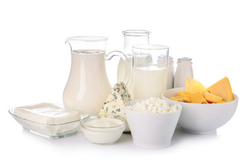 Different milk products on white background