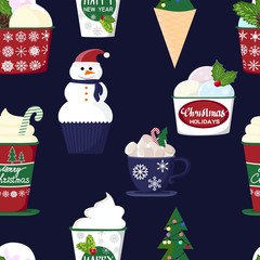 pattern of a set of colorful delicious cupcakes, cakes, desserts, ice cream with Christmas and new year decorations.flat style. Vector. elements for the new year, holiday cards, greeting cards