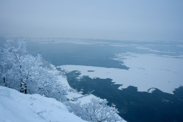 The view on the Volga river and Zhiguli hills near Zhigulevsk city in winter.