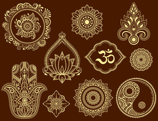 Big set of Mehndi flower pattern, lotus, mandala, mantra OM, Yin-yang symbol and Hamsa for Henna drawing and tattoo. Decoration in ethnic oriental, Indian style.