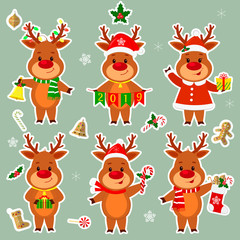 Happy New Year and Merry Christmas Greeting Card. Set of six deer stickers in different costumes and poses in a white stroke, various accessories. Cartoon and flat style. Vector