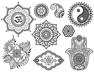 Big set of Mehndi flower pattern, lotus, mandala, mantra OM, Yin-yang symbol and Hamsa for Henna drawing and tattoo. Decoration in ethnic oriental, Indian style. - obrazy, fototapety, plakaty