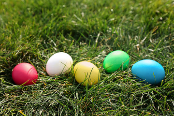 Fototapeta na wymiar Easter eggs on green grass outdoors
