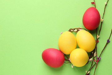 Easter eggs with twigs on color background