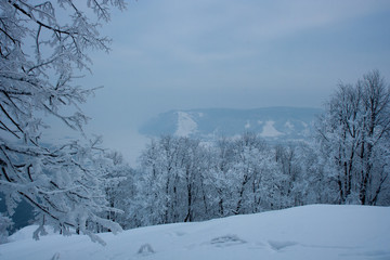 The view on the Volga river and Zhiguli hills near Zhigulevsk city in winter.