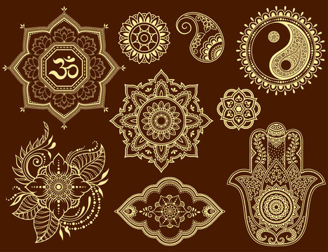 Big set of Mehndi flower pattern, lotus, mandala, mantra OM, Yin-yang symbol and Hamsa for Henna drawing and tattoo. Decoration in ethnic oriental, Indian style.