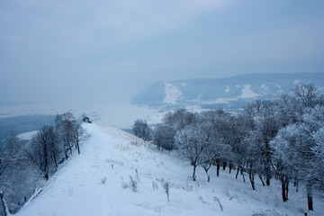 The view on the Volga river and Zhiguli hills near Zhigulevsk city in winter.