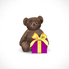 Sitting fluffy cute brown teddy bear with purple gift box with yellow bow. Children's toy isolated on a white background. Realistic vector illustration