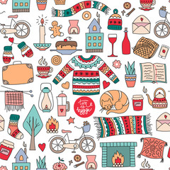 Hand drawn seamless pattern with hygge elements