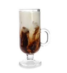 Glass cup of cold coffee on white background