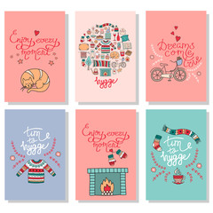 Hygge cards with hand drawn cozy home illustrations