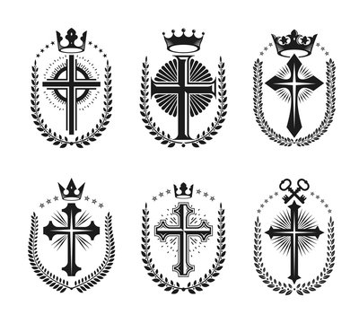 Crosses of Christianity Religion emblems set. Heraldic Coat of Arms decorative logos isolated vector illustrations collection.