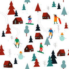 Skiing seamless pattern with people skiing and snowboarding in the snow forest in vector. Winter season background people vector illustration flat design
