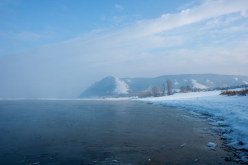 The view on the Volga river and Zhiguli hills near Zhigulevsk city in winter.