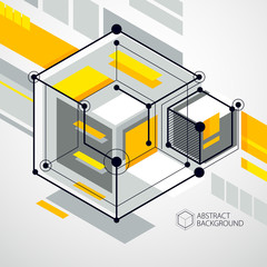 Abstract vector geometric isometric yellow background. Mechanical scheme, vector engineering drawing with cube and geometric mechanism parts.