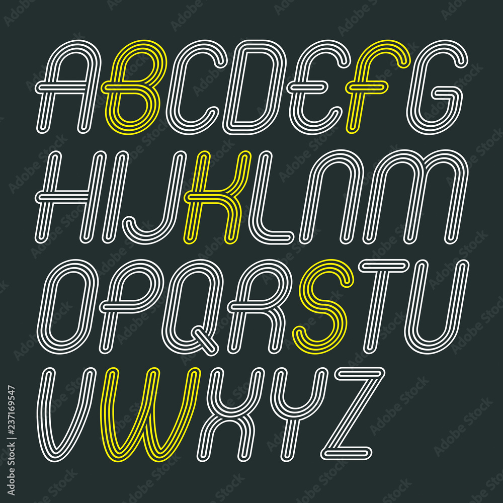 Poster set of disco vector upper case alphabet letters isolated. trendy cursive rounded font, script from a
