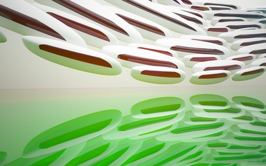 Abstract dynamic interior with white smooth objects, colored glass lines and floor. 3D illustration and rendering