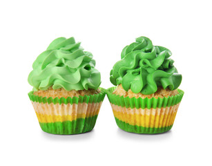 Delicious color cupcakes on white background