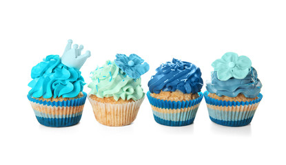 Delicious color cupcakes on white background